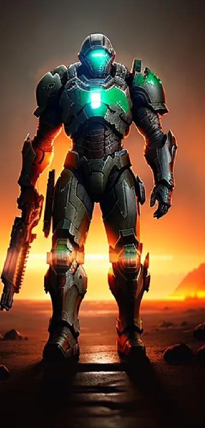 Armored warrior stands against a fiery horizon at sunset.