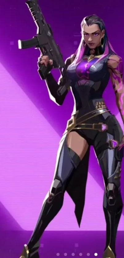 Futuristic purple warrior character wallpaper on mobile.