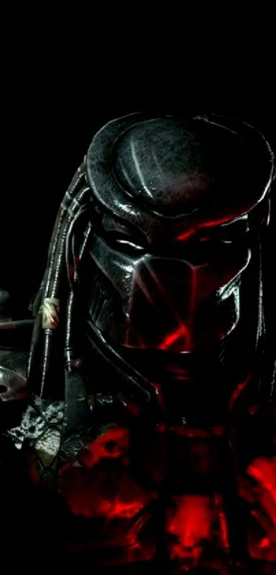 Futuristic warrior with glowing red details on a dark background.