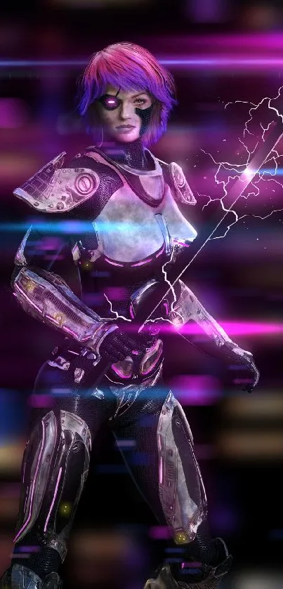 Futuristic neon warrior with electric sword in sci-fi setting.