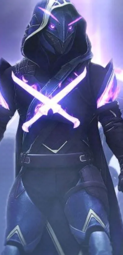 Futuristic warrior with neon purple lights and hooded cloak for mobile wallpaper.