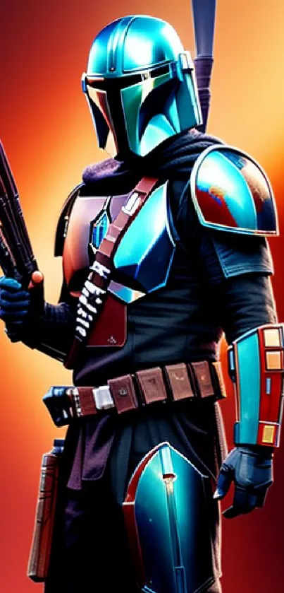 Futuristic warrior in vibrant armor with blasters on colorful phone wallpaper.