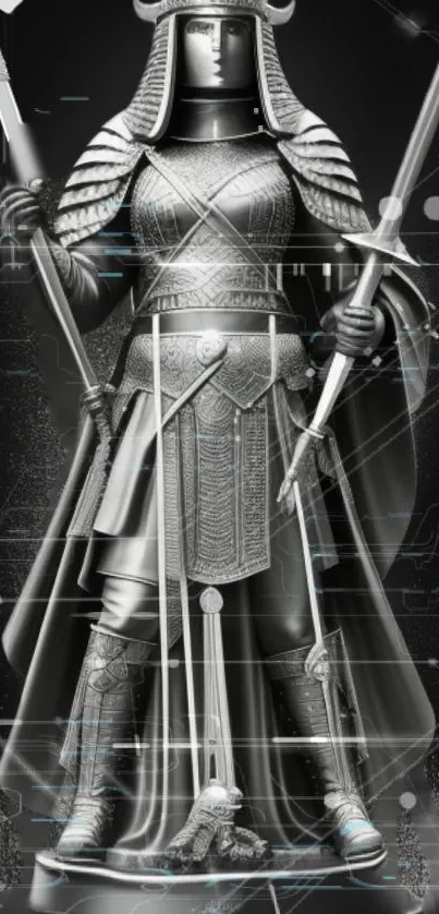 Futuristic warrior in digital armor with black and silver tones, tech-themed phone wallpaper.