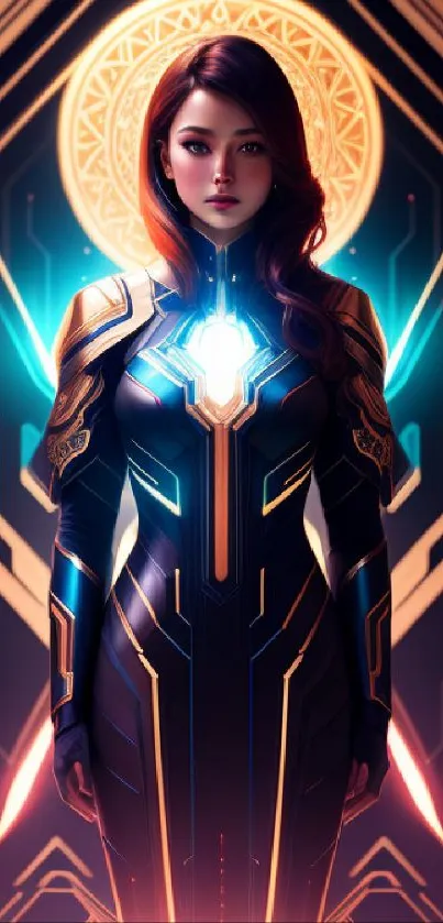 Futuristic warrior with glowing armor on a digital wallpaper.