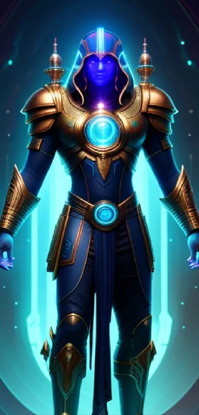 Futuristic warrior in blue and gold armor, glowing energy core on phone wallpaper.