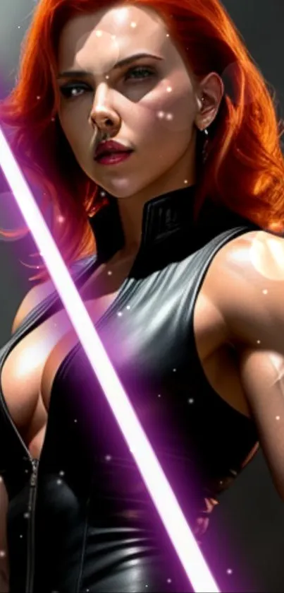 Futuristic warrior with red hair and glowing sword in dynamic wallpaper.