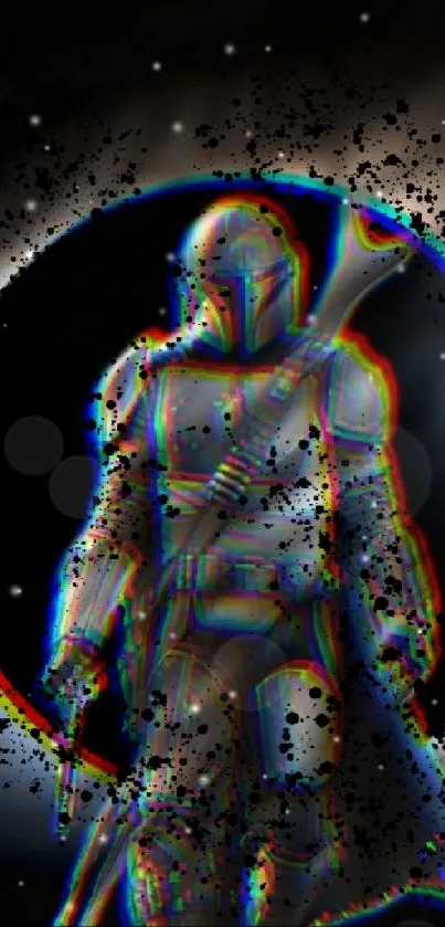 Futuristic warrior in cosmic backdrop with glitch effect.