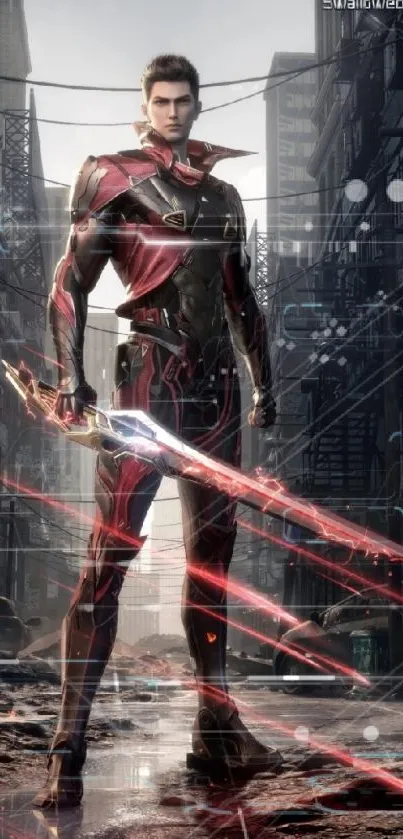 Futuristic warrior in urban sci-fi setting with glowing sword.