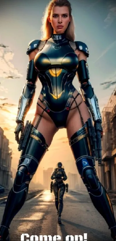 Futuristic armored warrior in urban street setting during sunset.