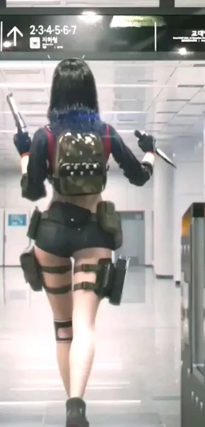 Futuristic warrior in a subway station, back view, holding weapons.