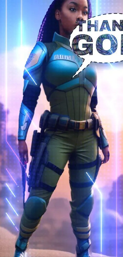 Futuristic warrior in vibrant armor with digital background and bold speech bubble.