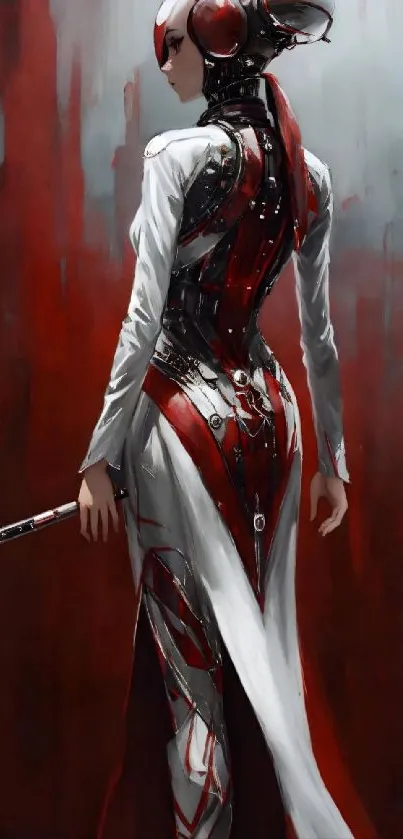 Futuristic warrior in red and white armor with intricate design.