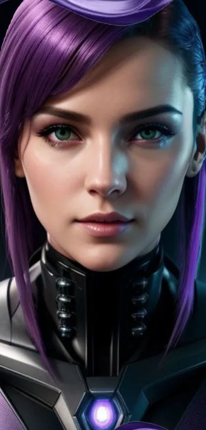 Futuristic woman with purple hair and metallic outfit in sci-fi style.