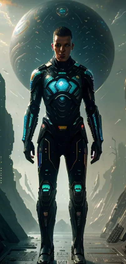 Futuristic warrior in a sci-fi cityscape with glowing high-tech suit.