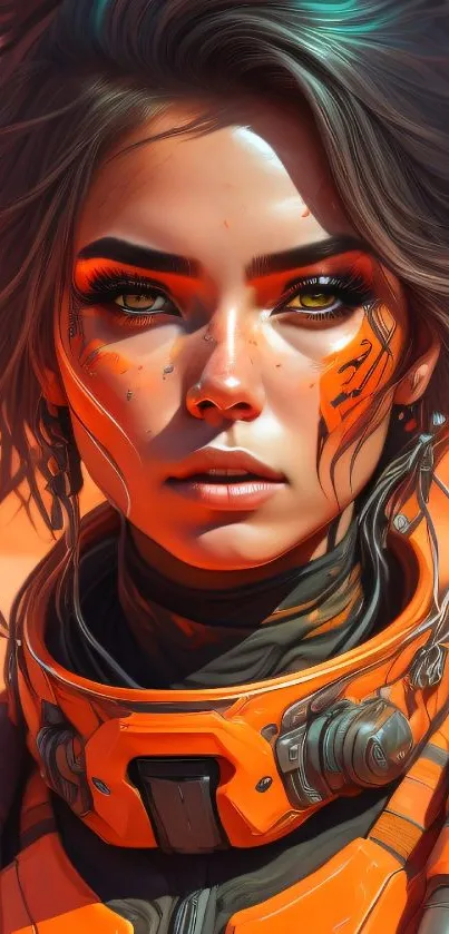 Futuristic warrior with vibrant orange armor in desert setting.