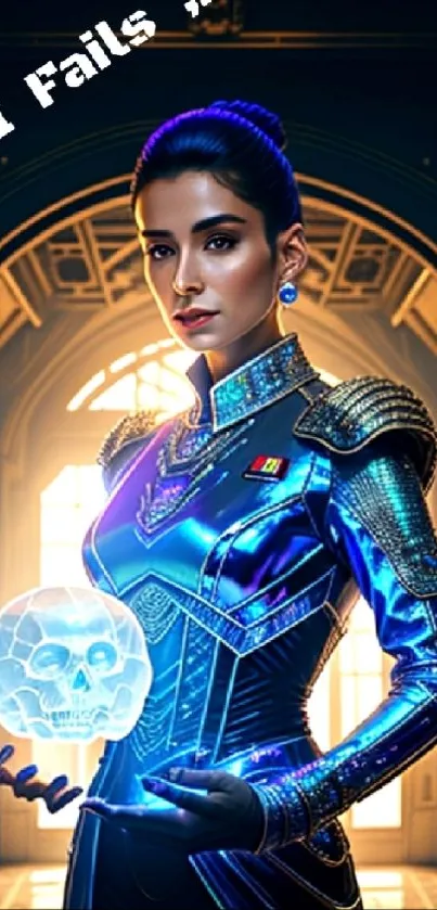 Futuristic warrior in blue armor holding a glowing orb.