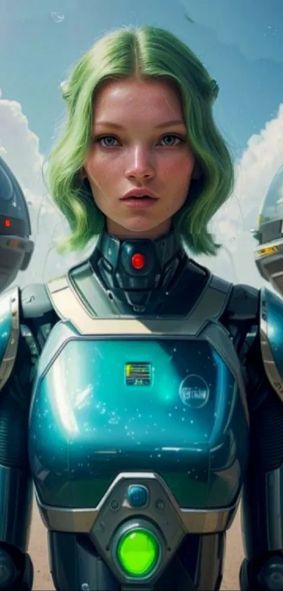 Futuristic warrior with green hair in sci-fi armor standing tall.