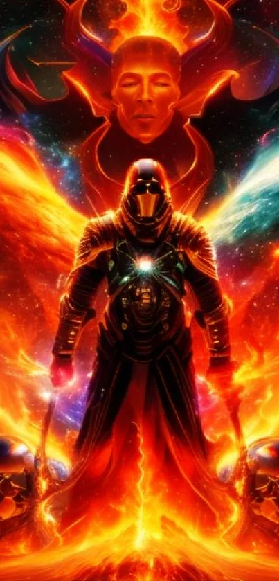 Sci-fi warrior in fiery cosmic scene, vibrant colors.