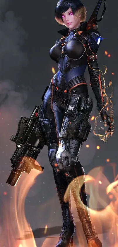 Futuristic female warrior with weapon in dark sci-fi setting.