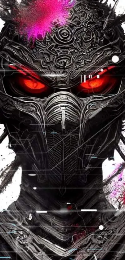 Futuristic warrior wallpaper with red eyes and intricate metal armor.