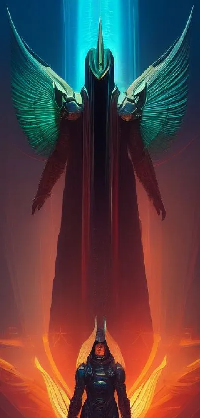 Futuristic angel warrior in glowing light.