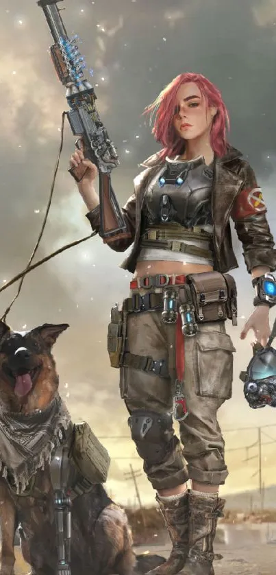 Futuristic warrior and cybernetic dog in a post-apocalyptic scene.