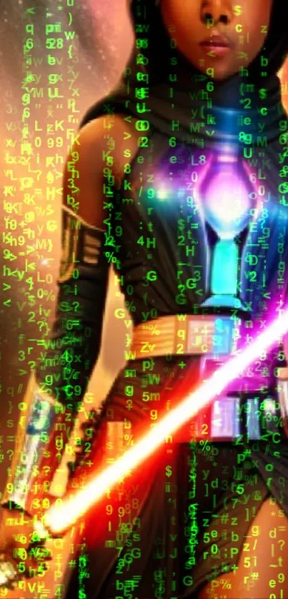 Futuristic warrior holding an energy saber with digital code overlay.