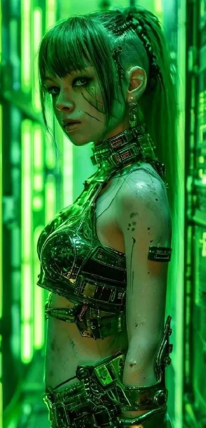 Futuristic warrior woman in neon green setting, sci-fi theme.