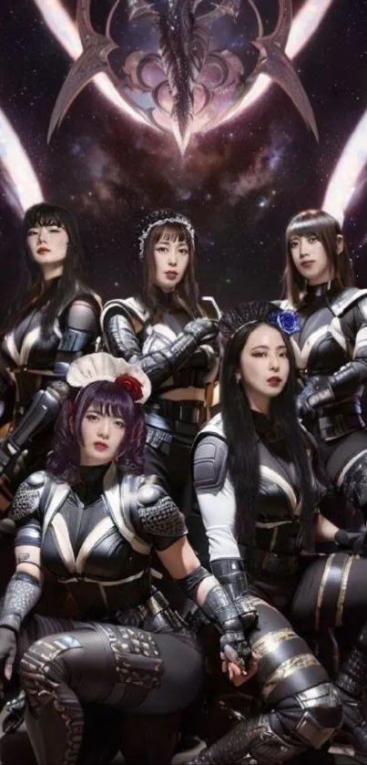 Futuristic warriors posed in space armor against a cosmic background.