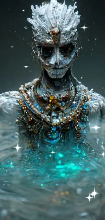 Futuristic water spirit surrounded by dark teal water.