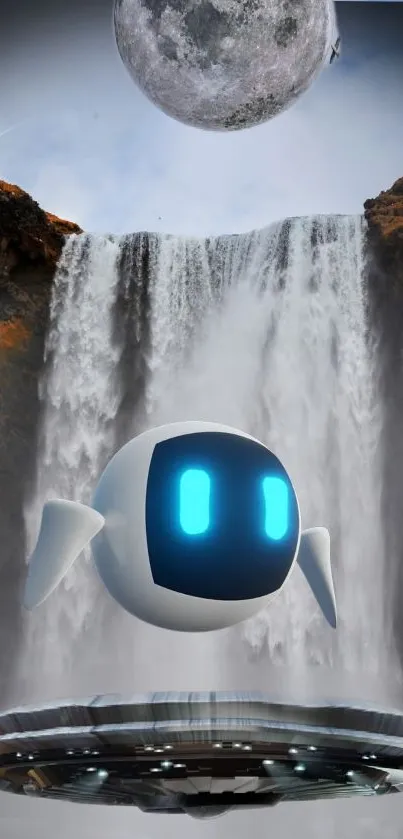 Surreal waterfall with UFO and full moon in a fantasy landscape.