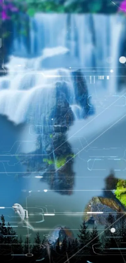 Futuristic waterfall with digital overlays and forest elements.