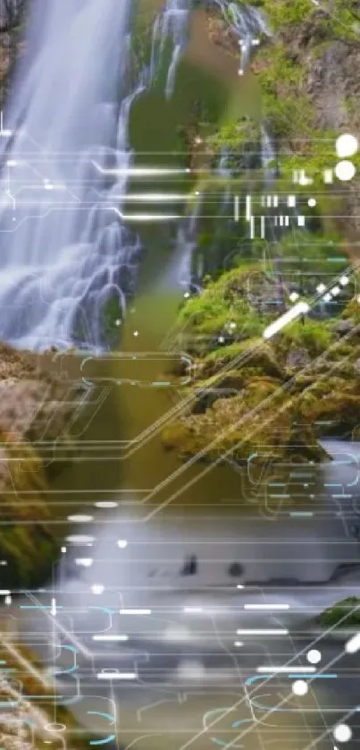 Futuristic waterfall with digital elements and lush green surroundings.