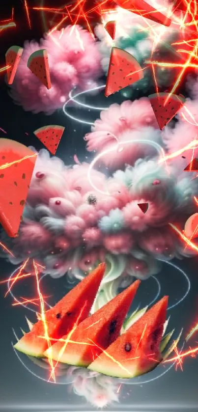 Futuristic watermelon art wallpaper with colorful clouds and vibrant design.