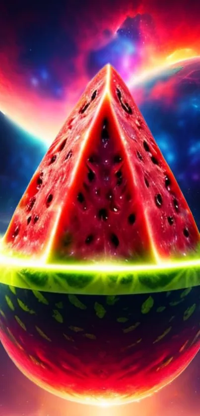A vibrant, cosmic-themed watermelon digital art wallpaper.
