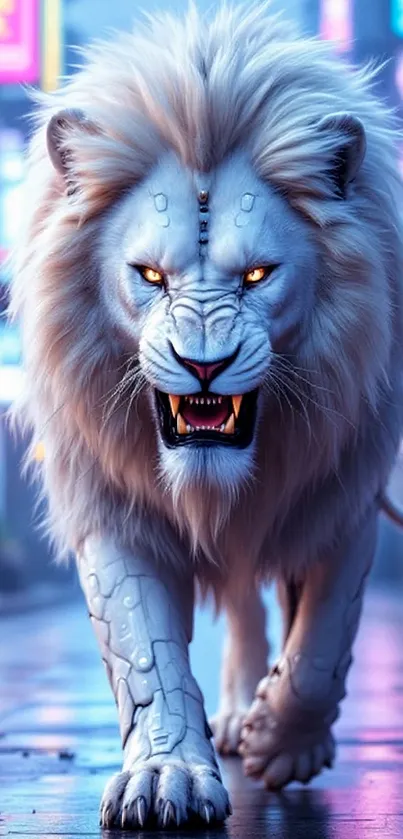 Futuristic white lion walking in a neon-lit urban street environment.