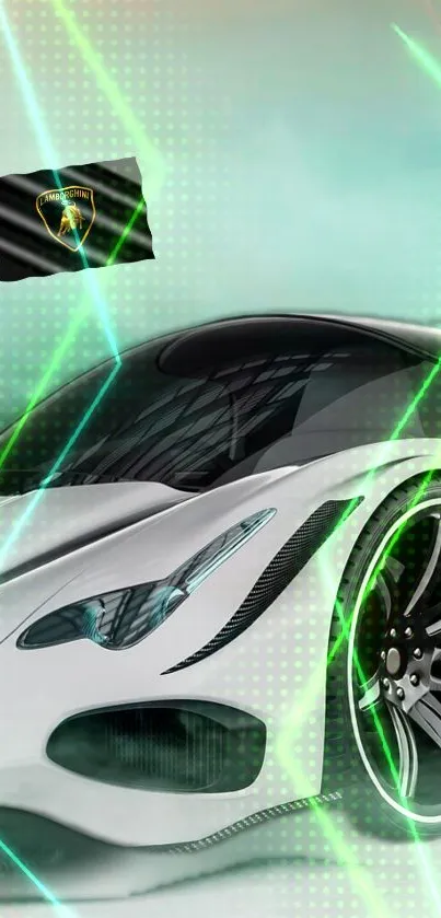 Futuristic white sports car with teal and orange background.