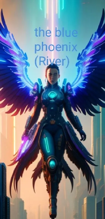 Futuristic warrior with wings in neon cyber city scene.