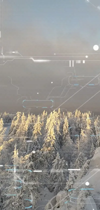 Snow-covered forest with futuristic design overlay.