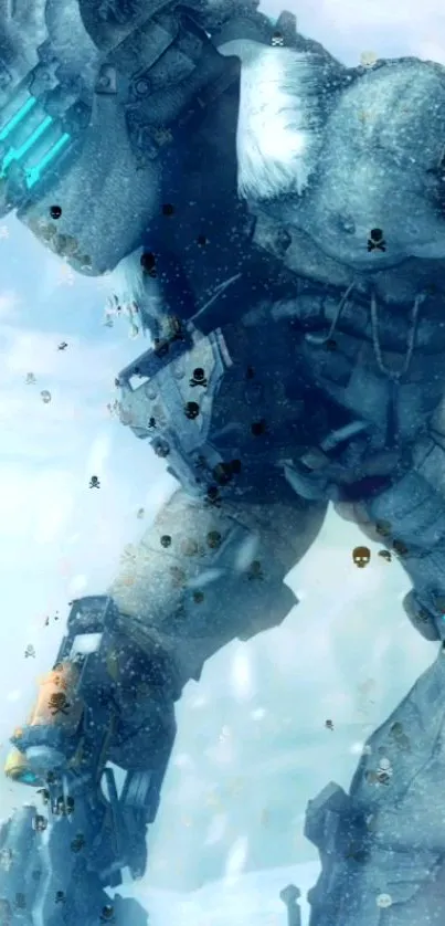 Futuristic robot in a snowy landscape with ice blue hues.