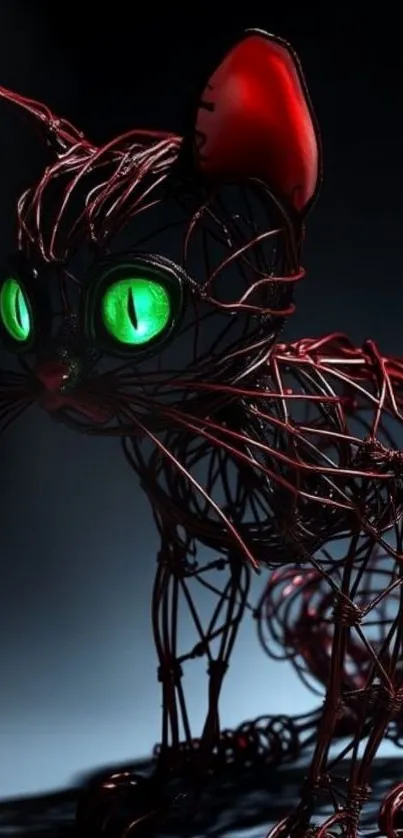 Futuristic wire-frame cat with green eyes.