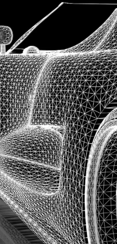 3D wireframe car art on a black background