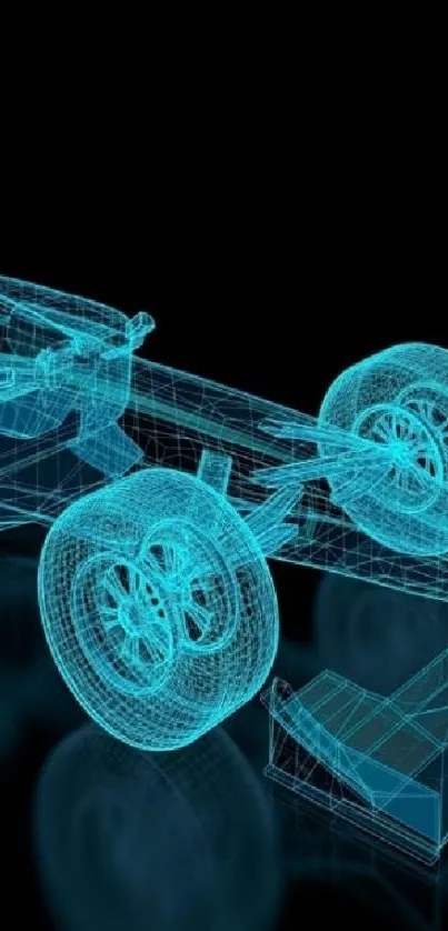 Wireframe design of a futuristic car with transparent blue parts.