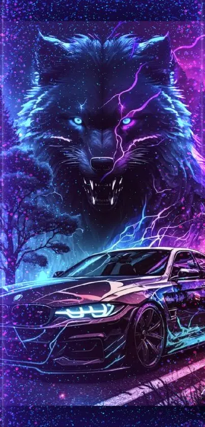 Neon wolf and car with colorful lights in a digital artwork.