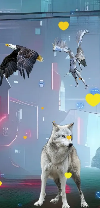 Wolf stands in neon futuristic cityscape with eagles above.