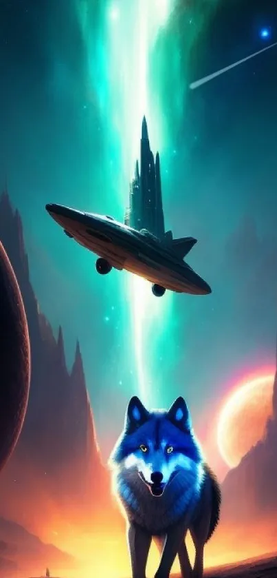 Futuristic wolf with a spaceship in a vibrant cosmic landscape.