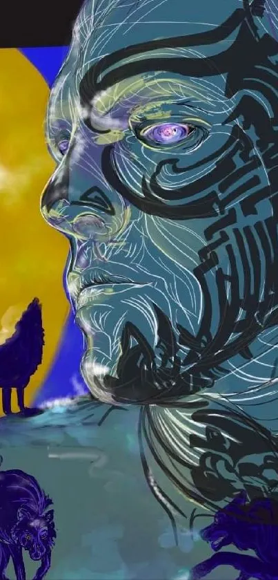 Cyber wolf art wallpaper with intricate lines and vibrant blues.