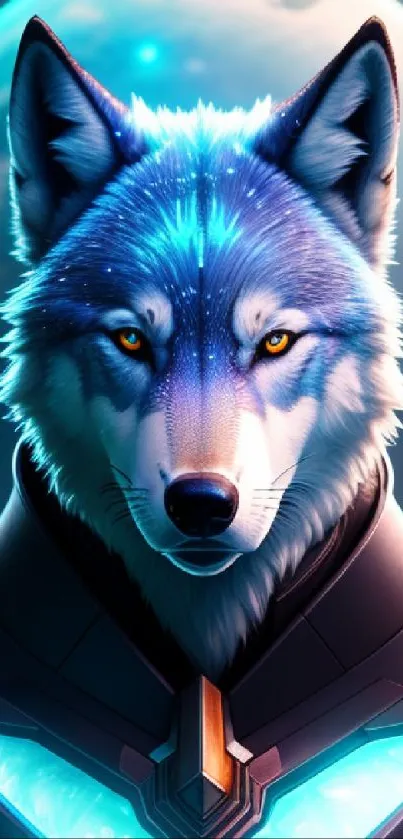 Futuristic glowing wolf with lunar backdrop in digital art.