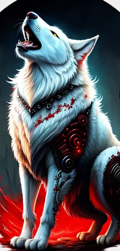 Futuristic white wolf with red accents in digital art.