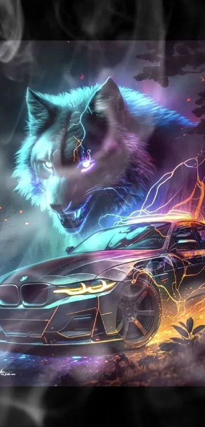 Neon futuristic car and wolf digital art wallpaper.